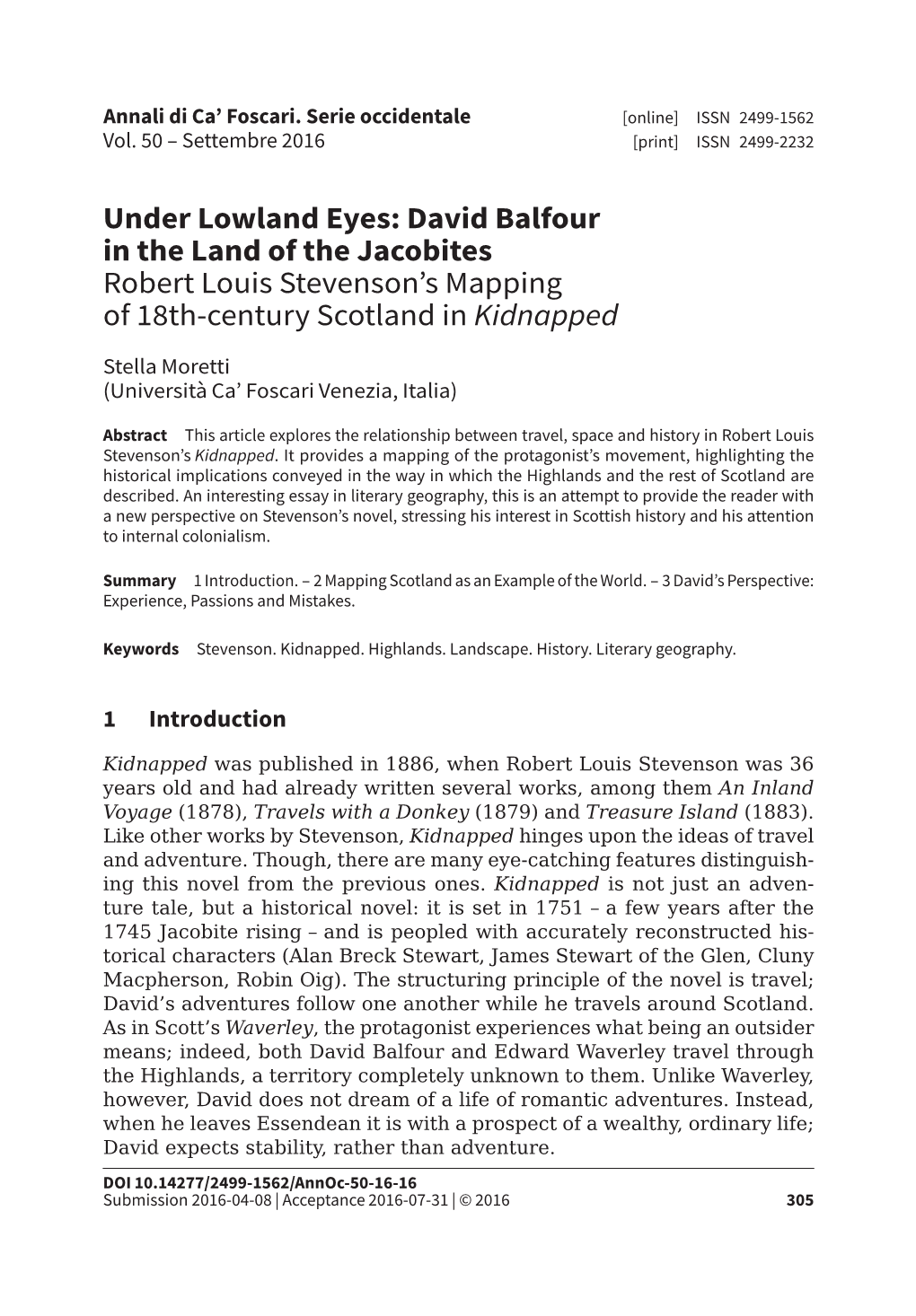 Under Lowland Eyes: David Balfour in the Land of the Jacobites Robert Louis Stevenson’S Mapping of 18Th-Century Scotland in Kidnapped