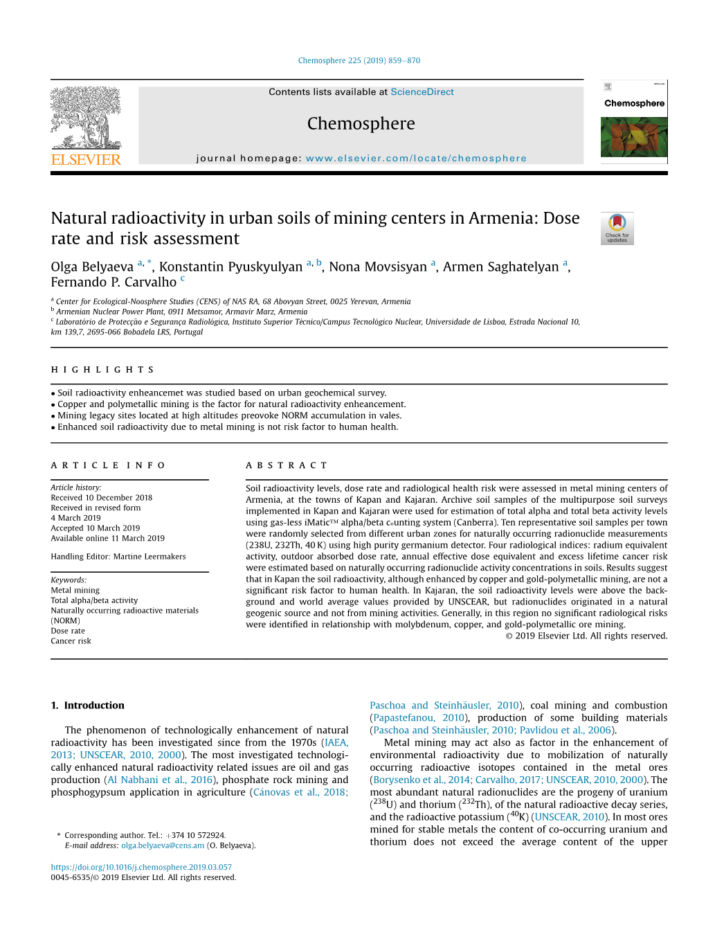 Natural Radioactivity in Urban Soils of Mining Centers in Armenia: Dose Rate and Risk Assessment