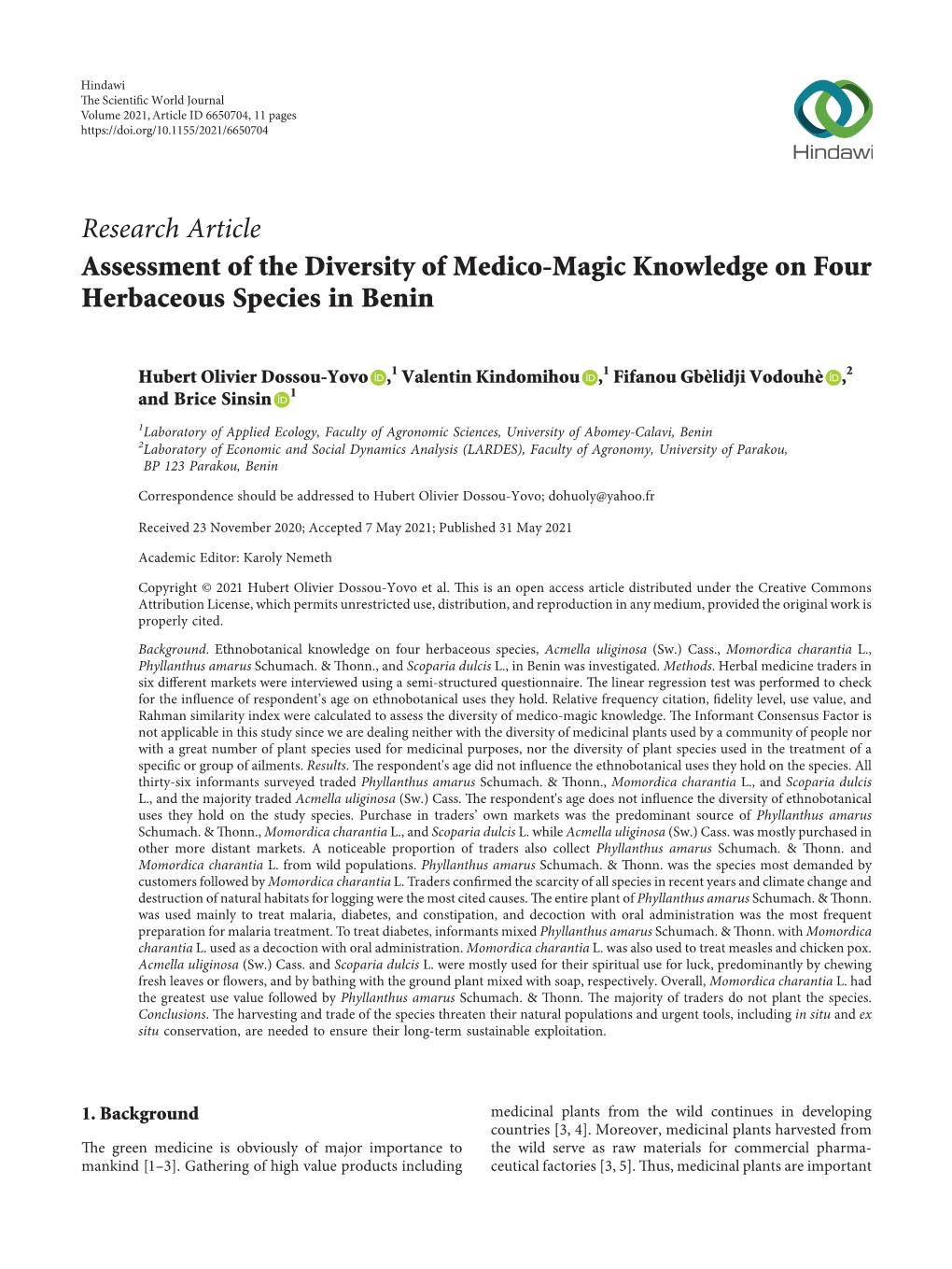 Assessment of the Diversity of Medico-Magic Knowledge on Four Herbaceous Species in Benin