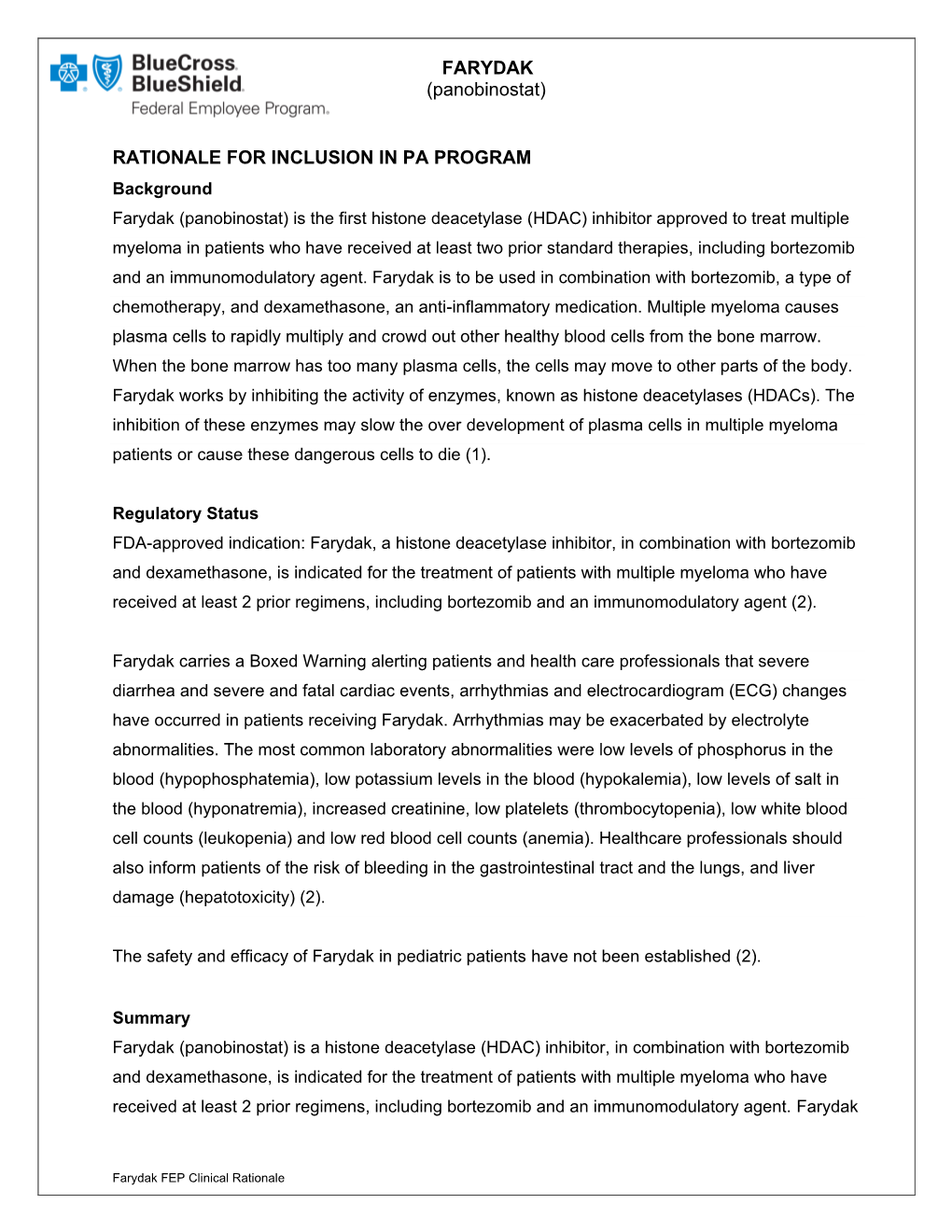 FARYDAK (Panobinostat) RATIONALE for INCLUSION in PA PROGRAM