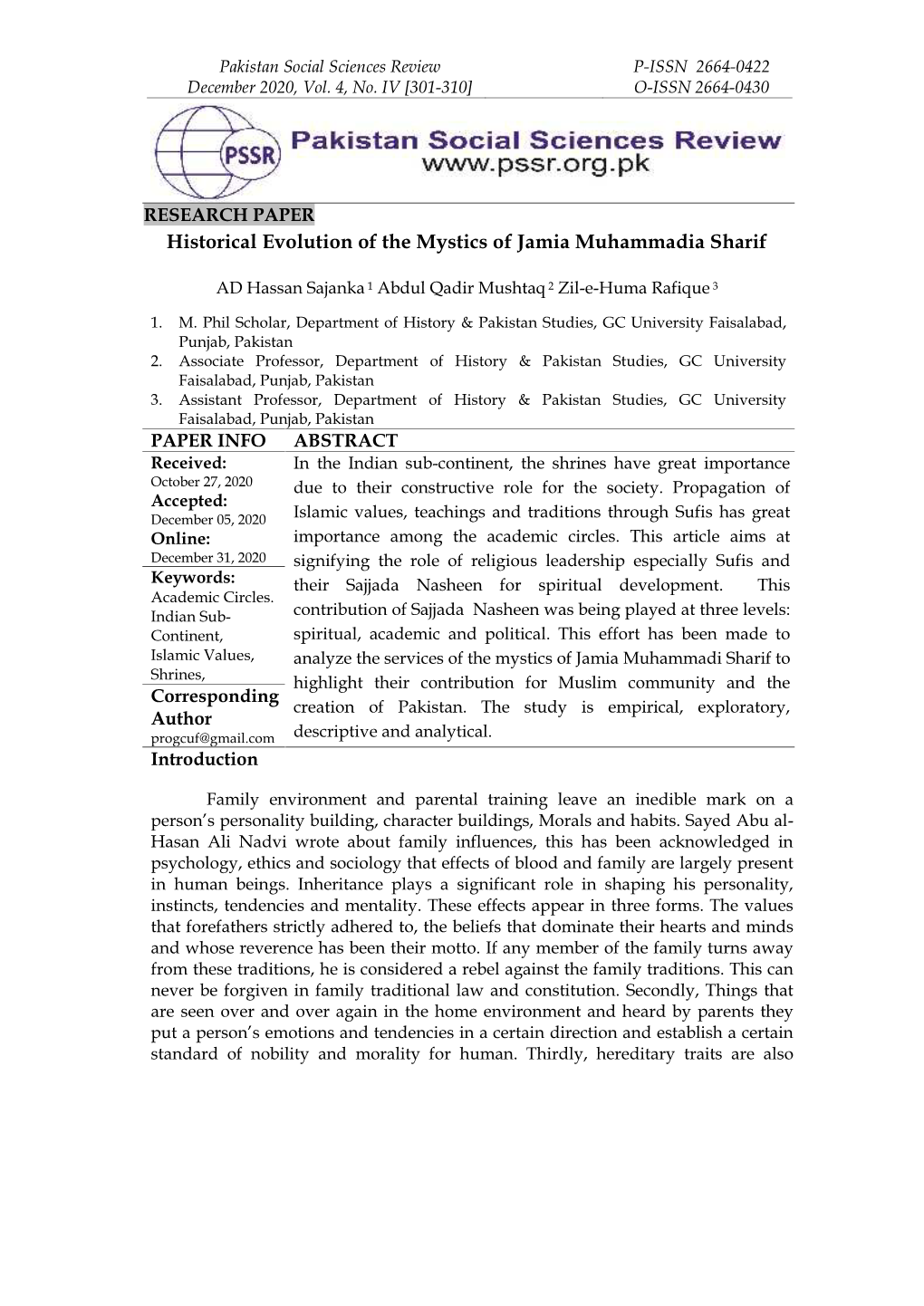 Historical Evolution of the Mystics of Jamia Muhammadia Sharif