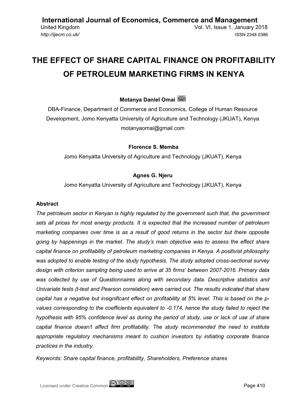 The Effect of Share Capital Finance on Profitability of Petroleum Marketing Firms in Kenya