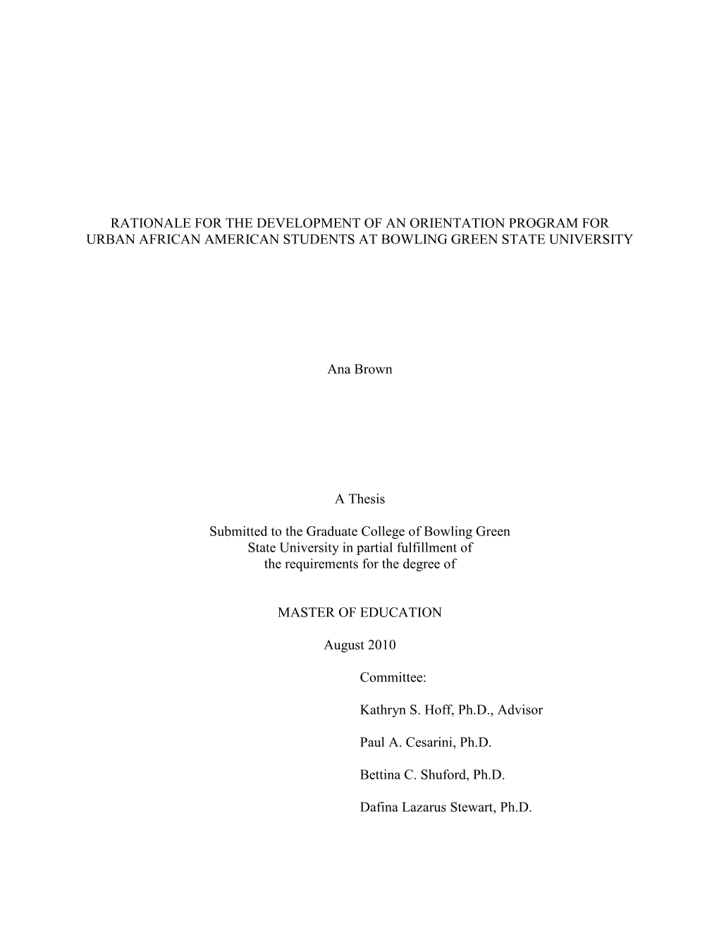 Rationale for the Development of an Orientation Program for Urban African American Students at Bowling Green State University