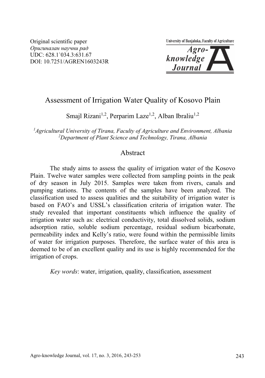 Assessment of Irrigation Water Quality of Kosovo Plain