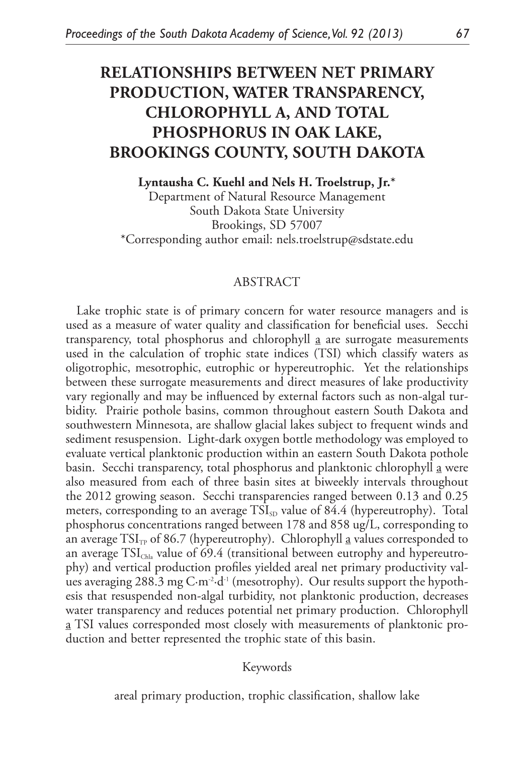 Relationships Between Net Primary Production, Water Transparency, Chlorophyll A, and Total Phosphorus in Oak Lake, Brookings County, South Dakota