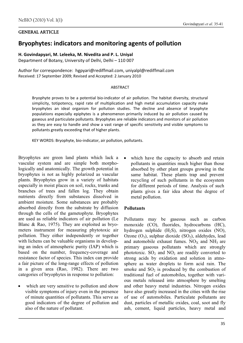 Bryophytes: Indicators and Monitoring Agents of Pollution