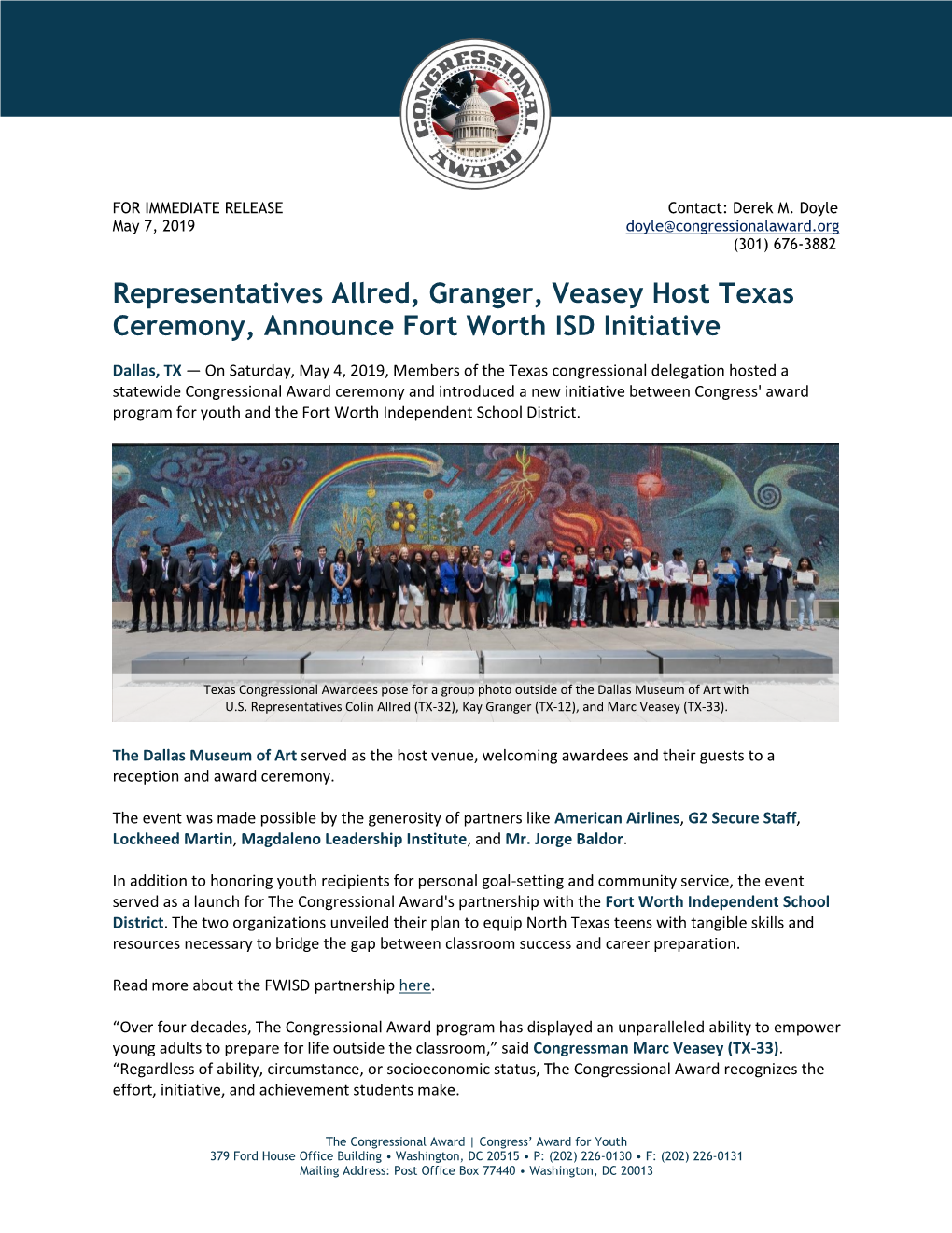 Representatives Allred, Granger, Veasey Host Texas Ceremony, Announce Fort Worth ISD Initiative