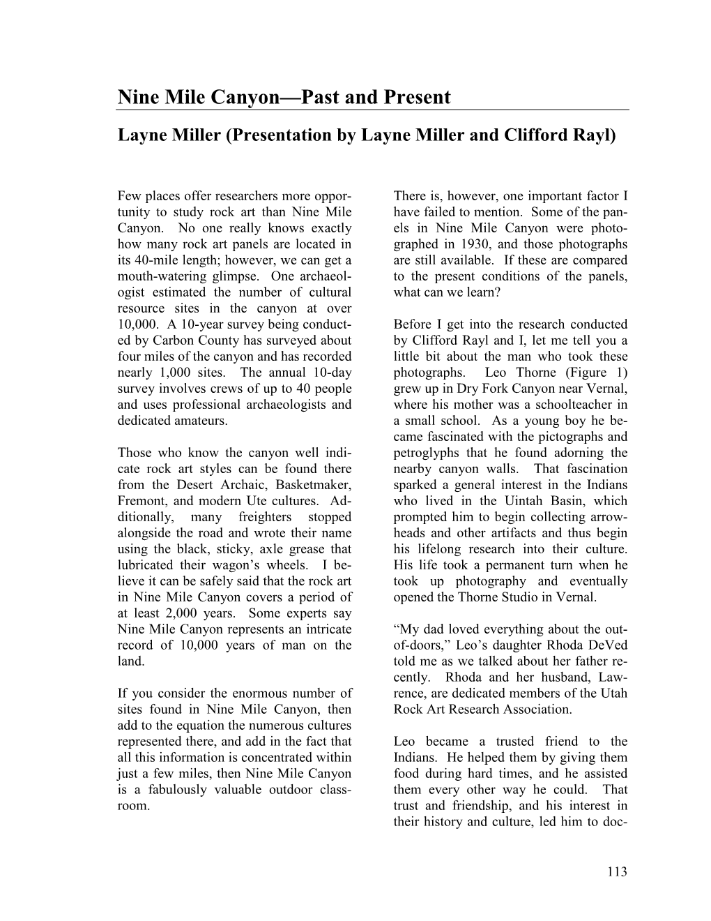 Nine Mile Canyon—Past and Present Layne Miller (Presentation by Layne Miller and Clifford Rayl)