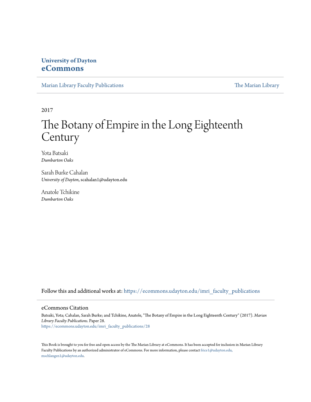 The Botany of Empire in the Long Eighteenth Century Yota Batsaki Dumbarton Oaks