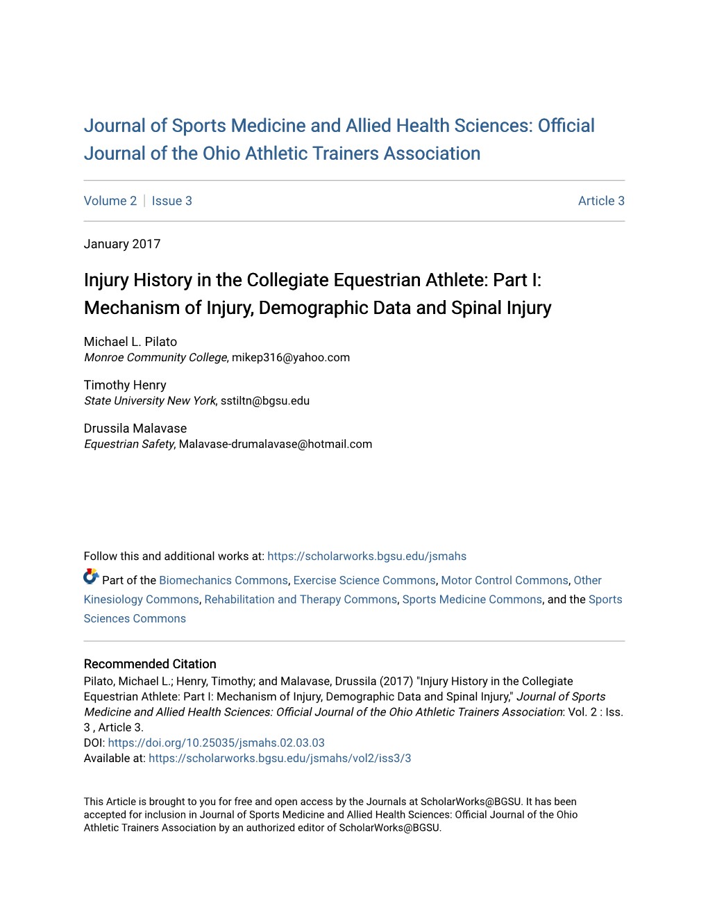 Injury History in the Collegiate Equestrian Athlete: Part I: Mechanism of Injury, Demographic Data and Spinal Injury