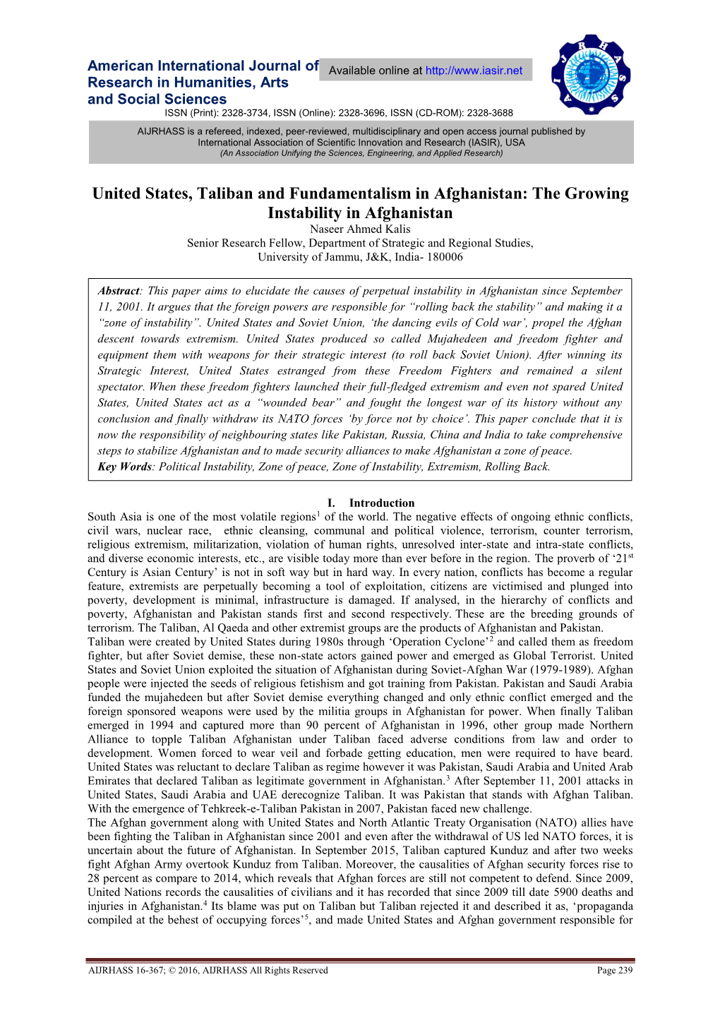 United States, Taliban and Fundamentalism in Afghanistan