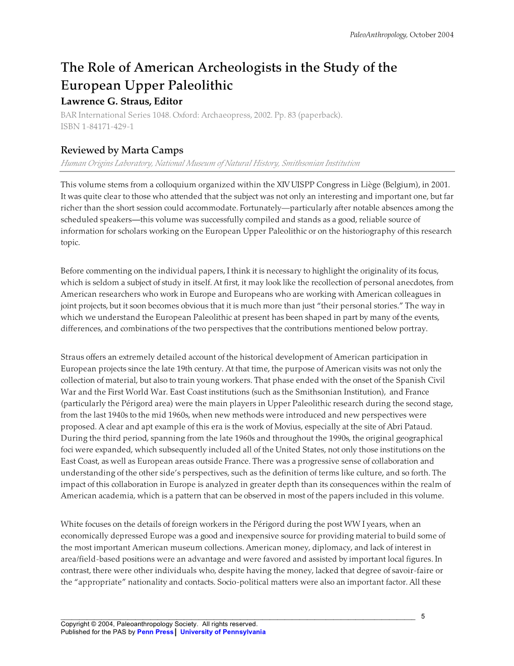 The Role of American Archeologists in the Study of the European Upper Paleolithic Lawrence G