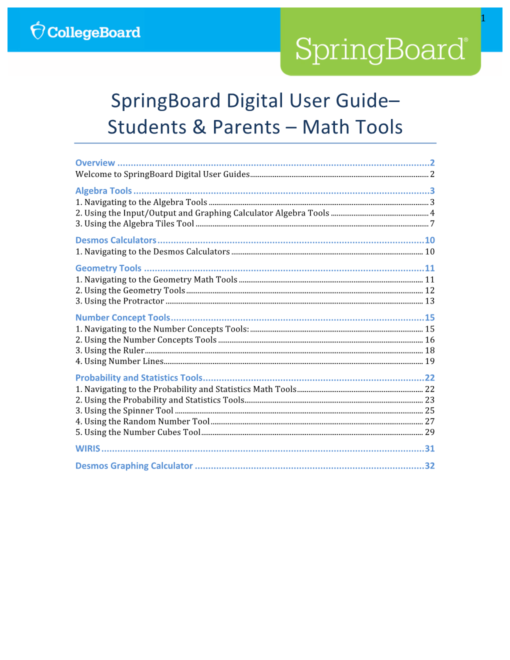 Springboard Digital User Guide– Students & Parents – Math Tools