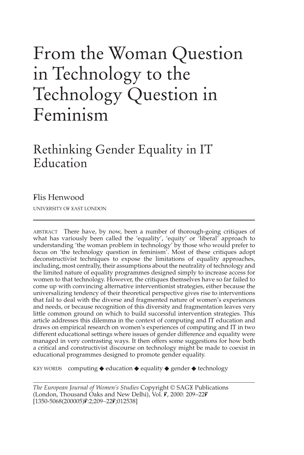 From the Woman Question in Technology to the Technology Question in Feminism