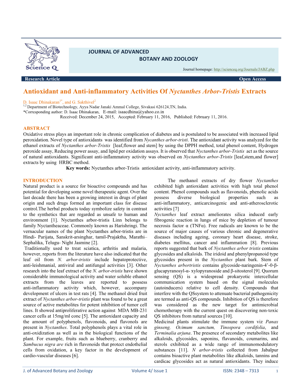 Antioxidant and Anti-Inflammatory Activities of Nyctanthes Arbor-Tristis Extracts