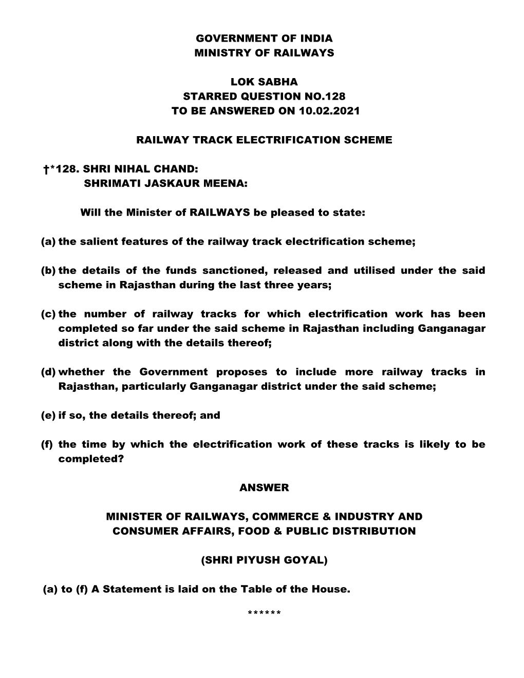 Government of India Ministry of Railways Lok Sabha