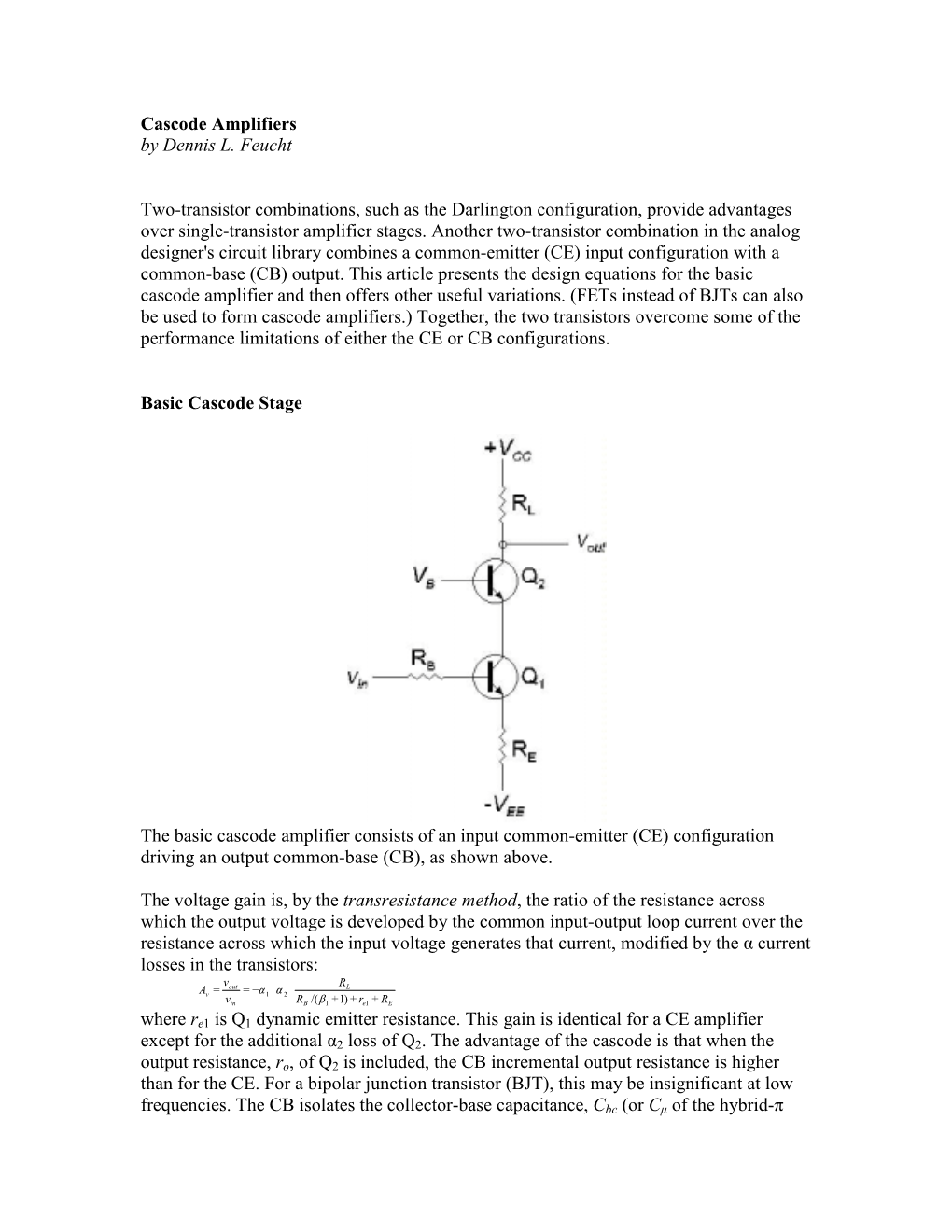 Cascode Amplifiers by Dennis L. Feucht Two-Transistor Combinations