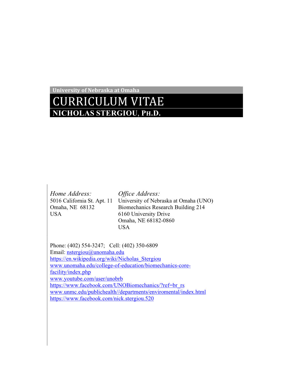 Curriculum Vitae Nicholas Stergiou, Ph.D