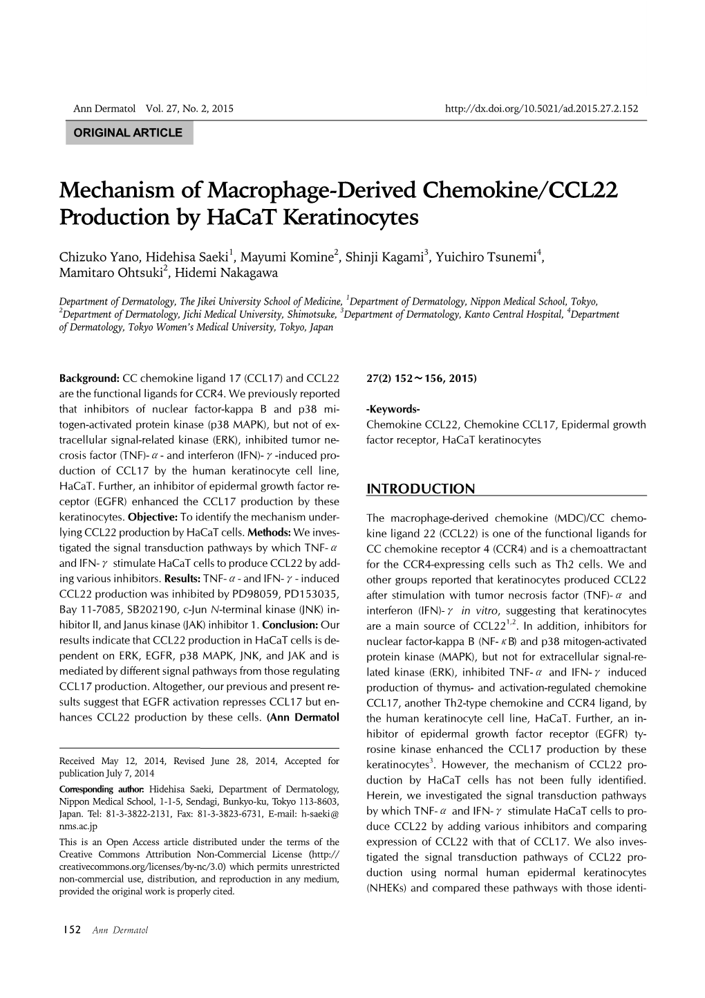 Mechanism of Macrophage-Derived Chemokine/CCL22 Production by Hacat Keratinocytes