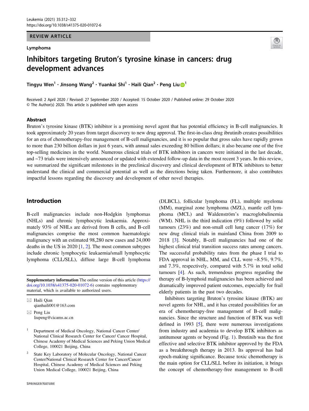 Inhibitors Targeting Brutonâ€™S Tyrosine Kinase in Cancers