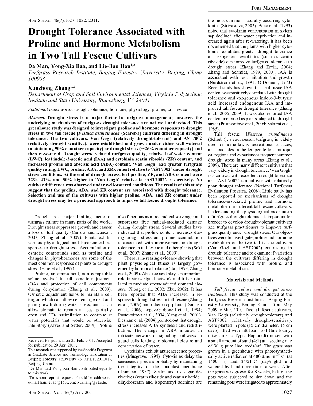 Drought Tolerance Associated with Proline and Hormone Metabolism