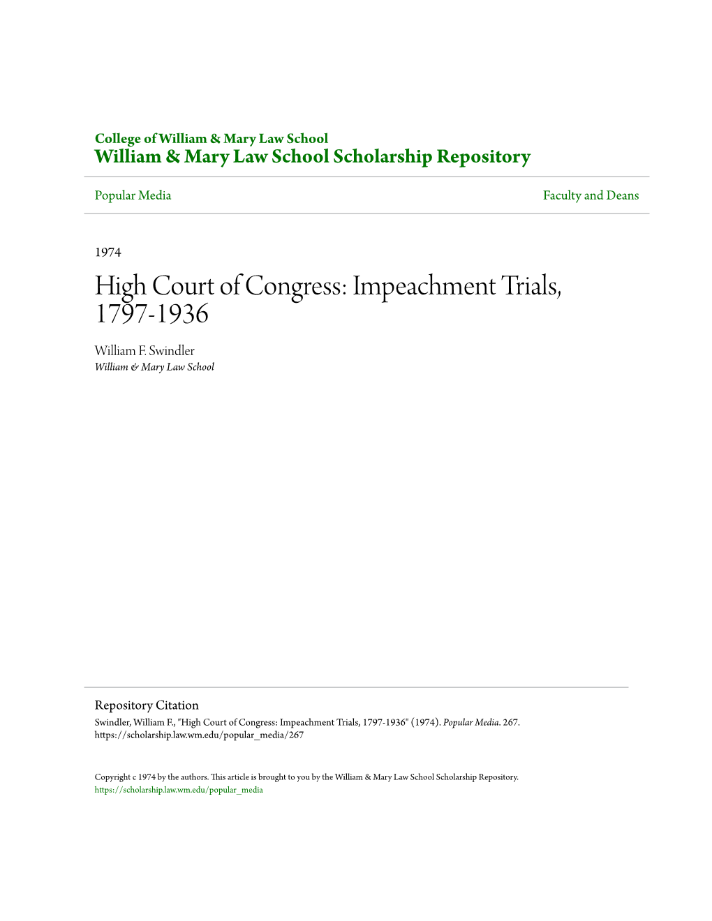 High Court of Congress: Impeachment Trials, 1797-1936 William F