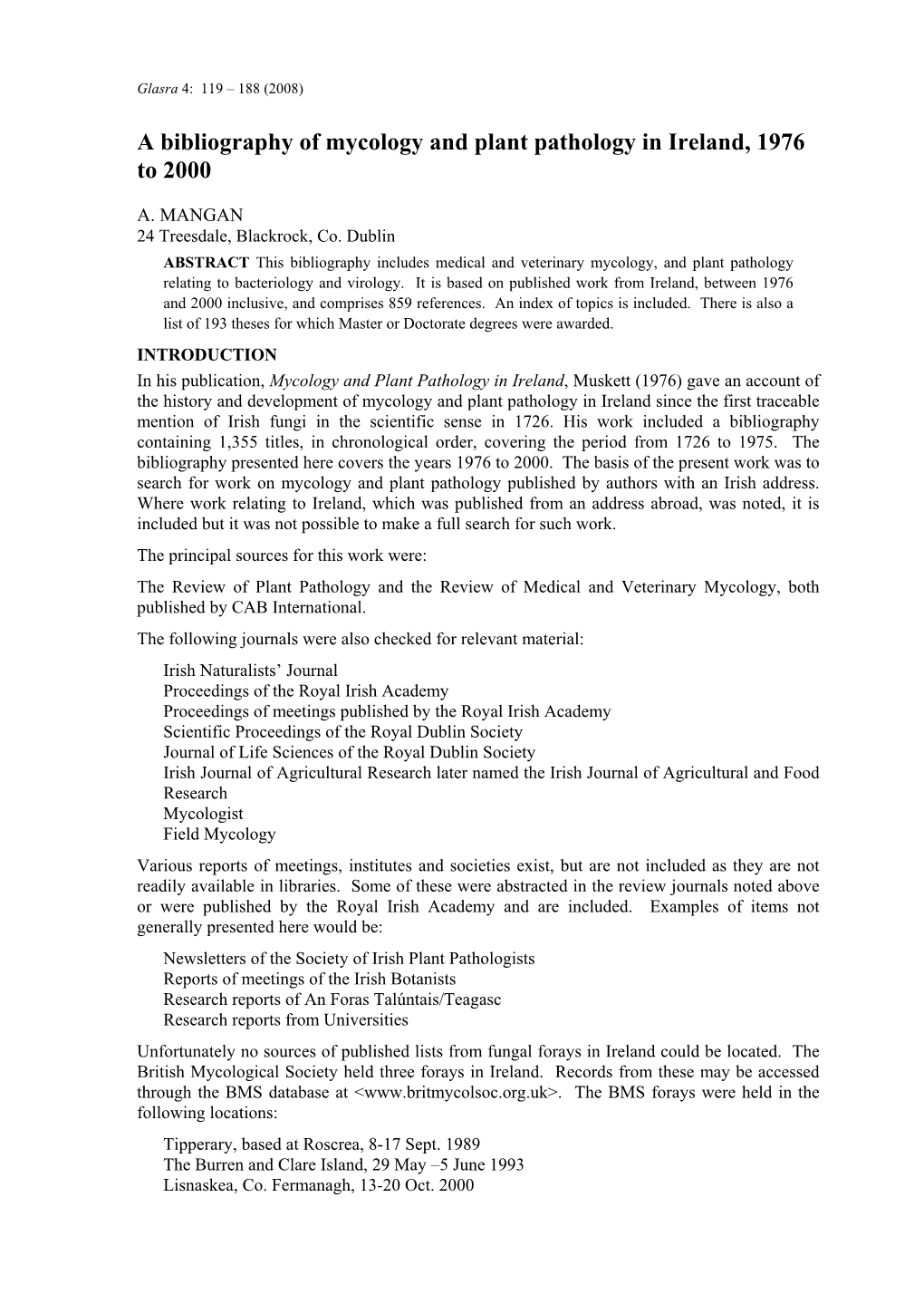 A Bibliography of Mycology and Plant Pathology in Ireland, 1976 to 2000