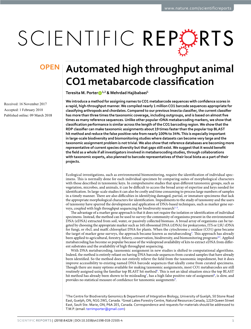 Automated High Throughput Animal CO1 Metabarcode Classification