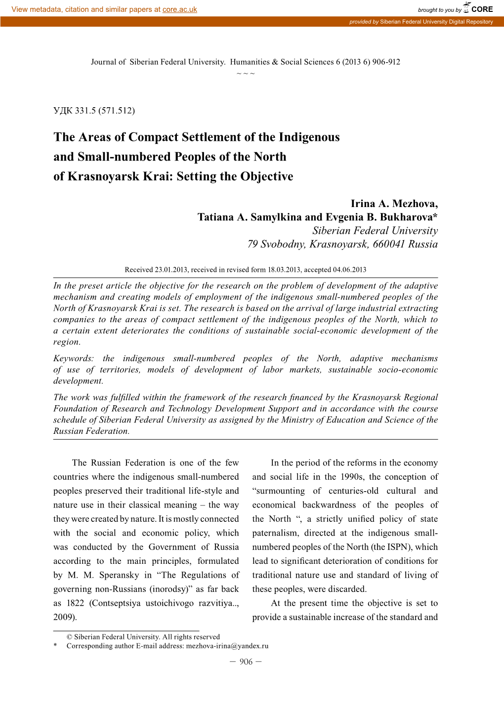 The Areas of Compact Settlement of the Indigenous and Small-Numbered Peoples of the North of Krasnoyarsk Krai: Setting the Objective