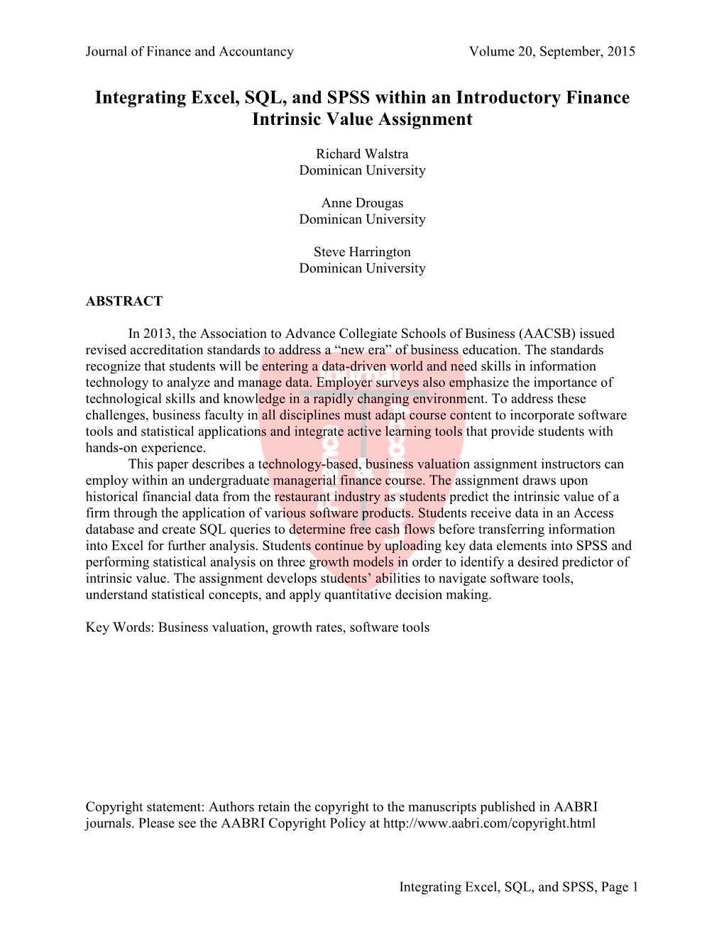 Integrating Excel, SQL, and SPSS Within an Introductory Finance Intrinsic Value Assignment