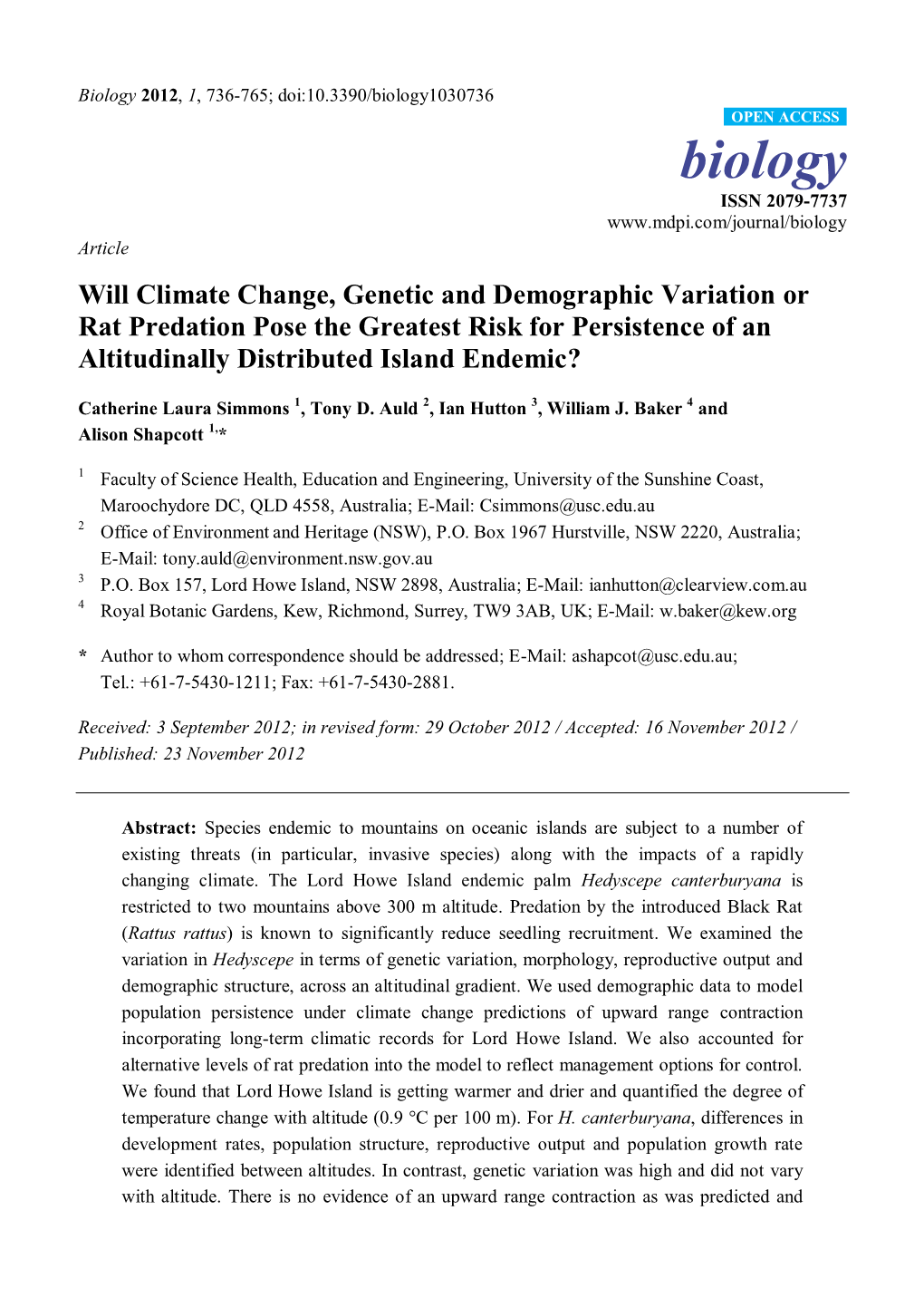 Will Climate Change, Genetic and Demographic Variation Or Rat Predation Pose the Greatest Risk for Persistence of an Altitudinally Distributed Island Endemic?