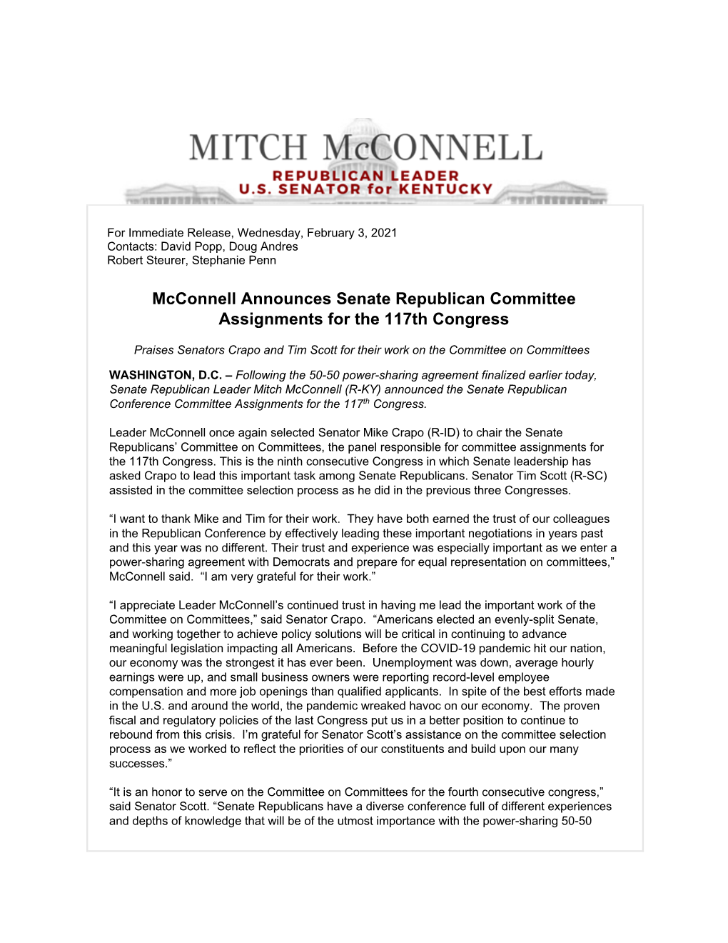 Mcconnell Announces Senate Republican Committee Assignments for the 117Th Congress