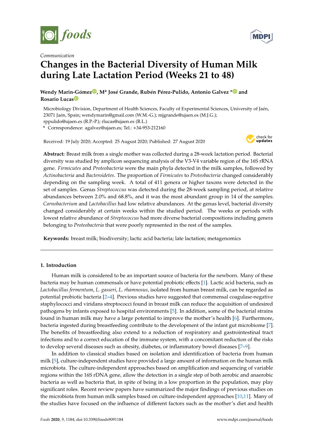 Changes in the Bacterial Diversity of Human Milk During Late Lactation Period (Weeks 21 to 48)