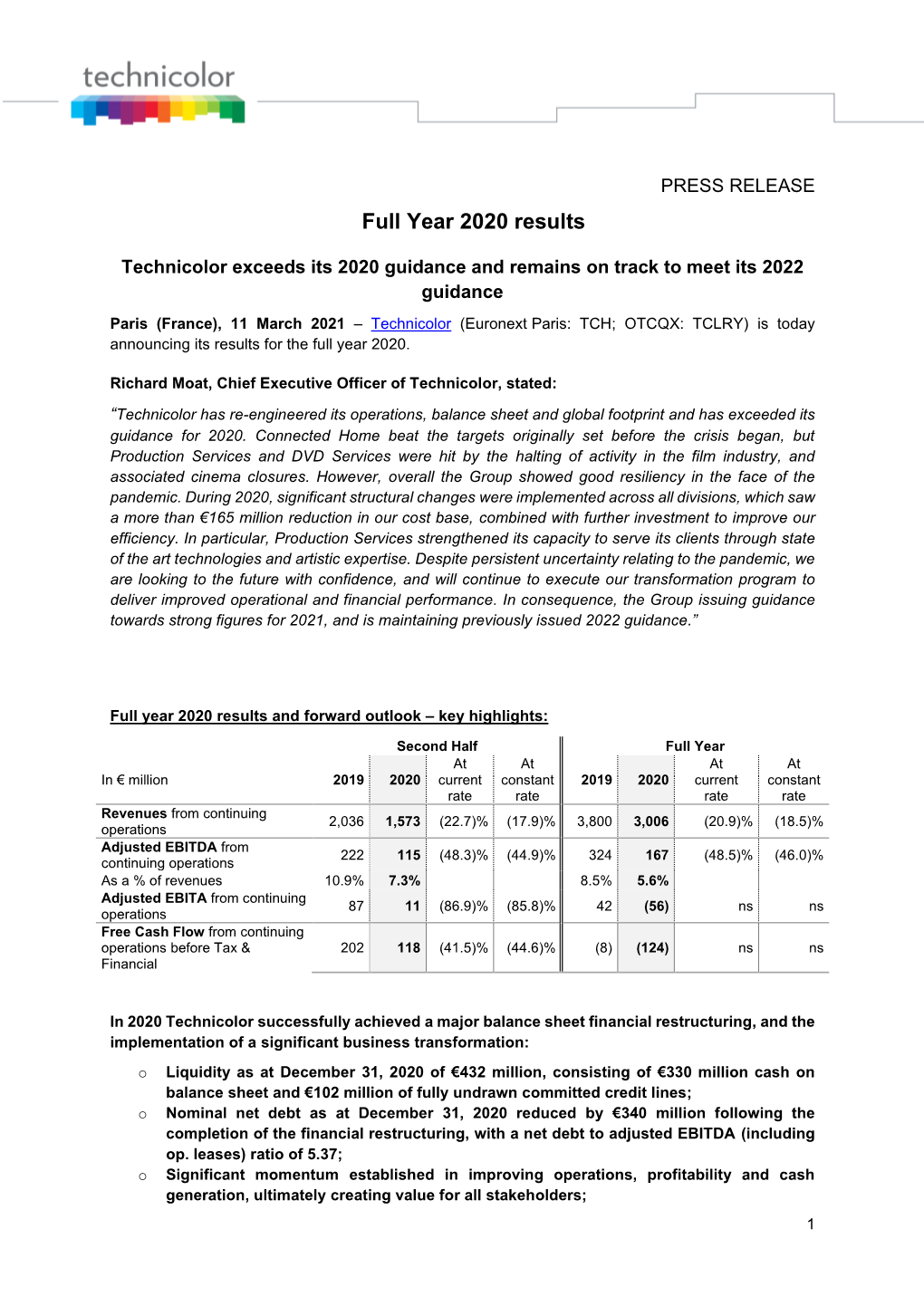 PRESS RELEASE Full Year 2020 Results