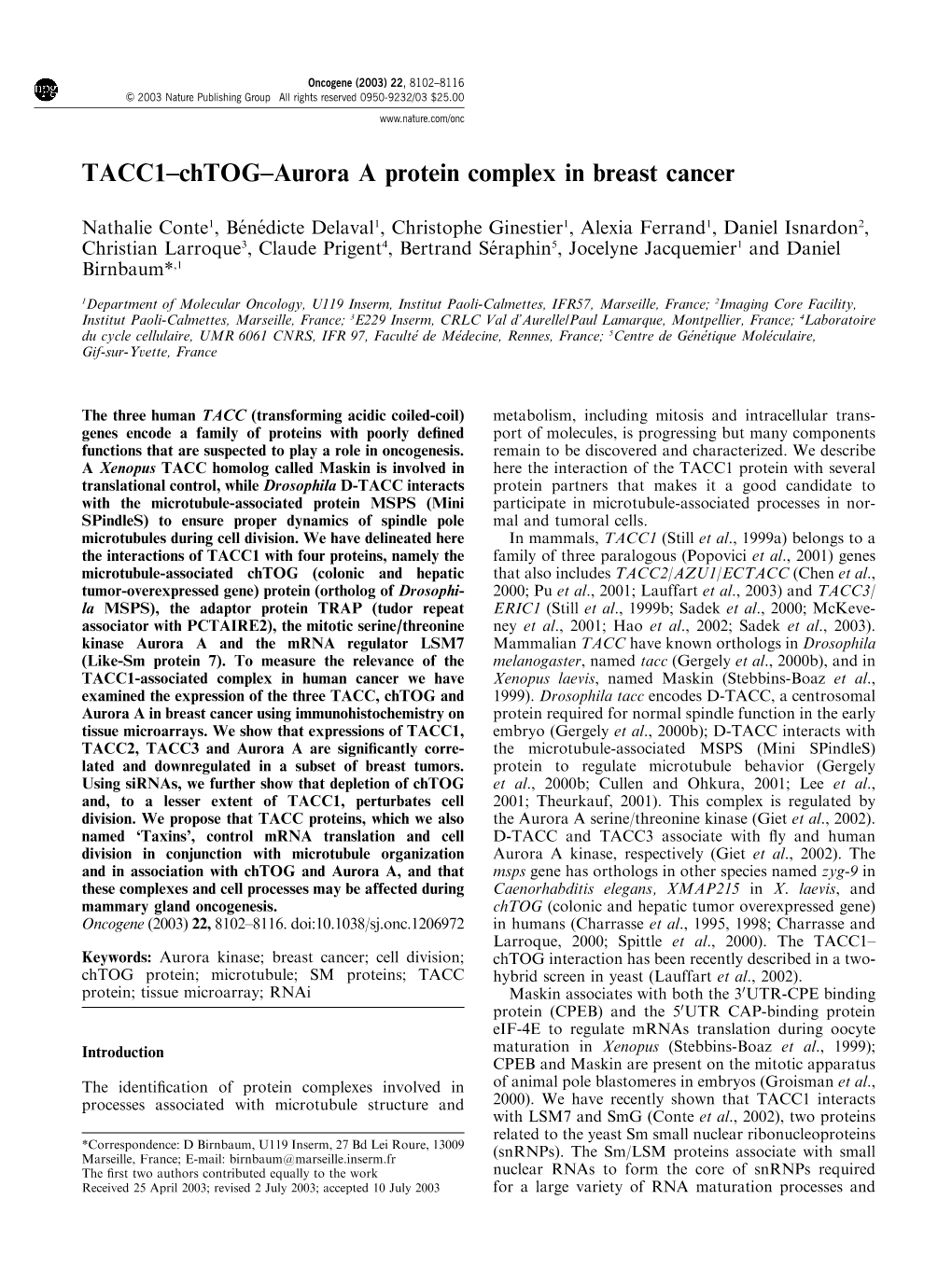 TACC1–Chtog–Aurora a Protein Complex in Breast Cancer