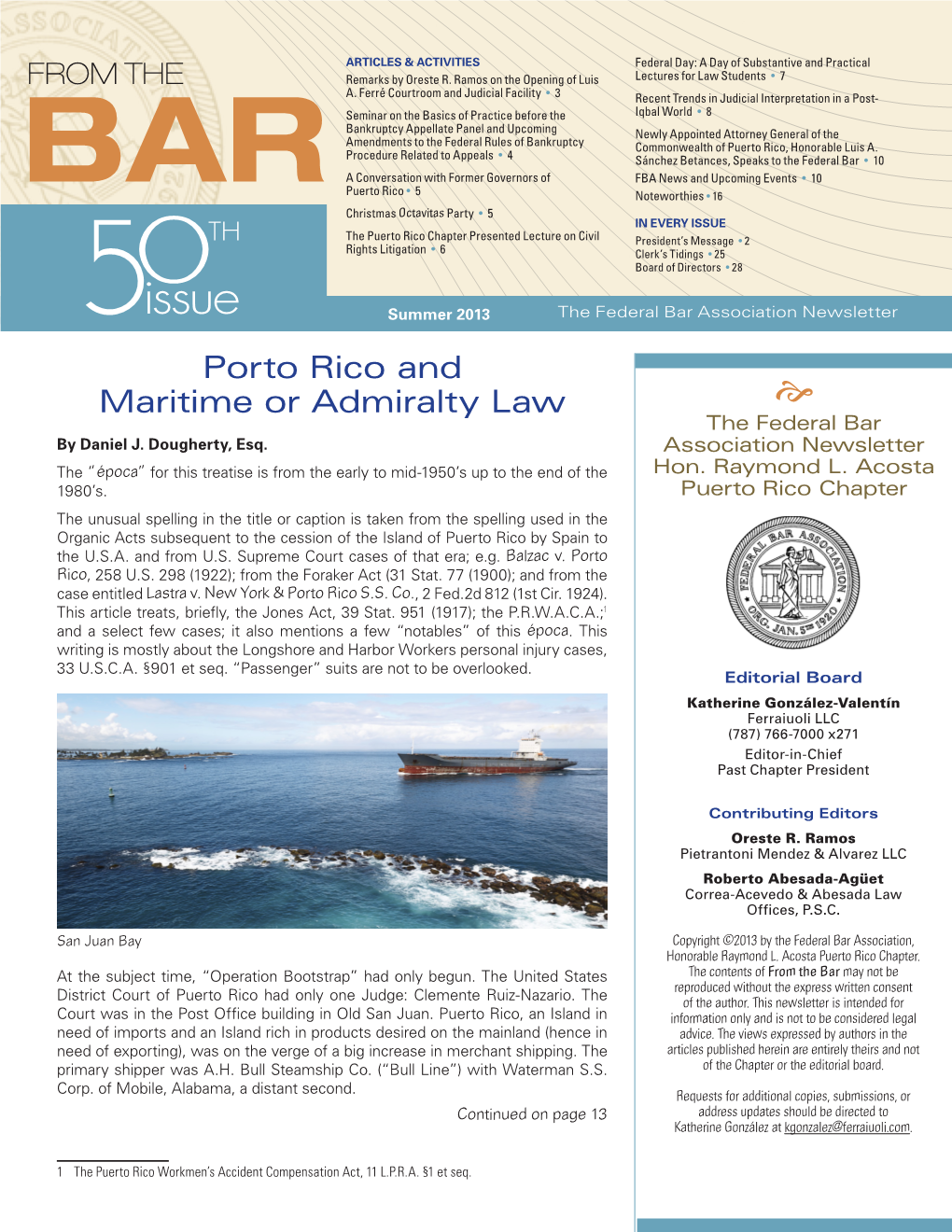 Porto Rico and Maritime Or Admiralty Law the Federal Bar by Daniel J