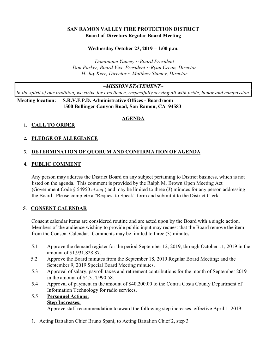 SAN RAMON VALLEY FIRE PROTECTION DISTRICT Board of Directors Regular Board Meeting