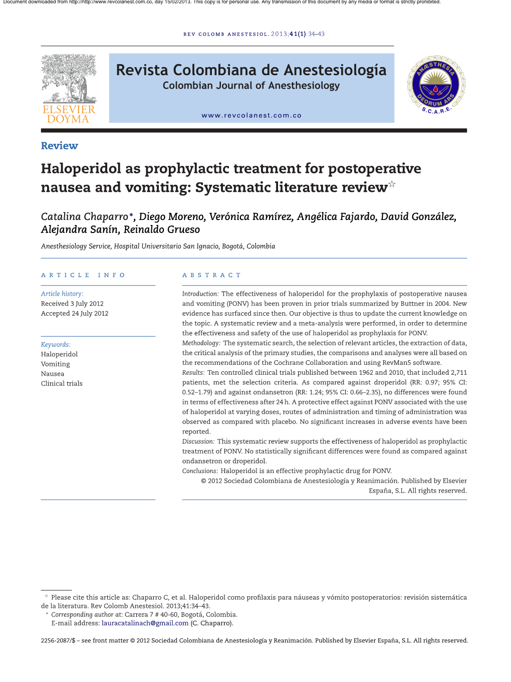 Haloperidol As Prophylactic Treatment for Postoperative