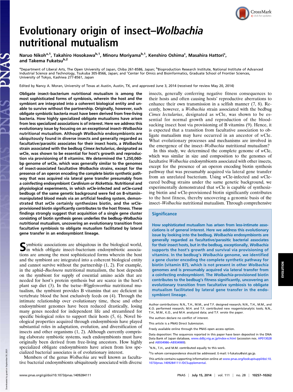 Evolutionary Origin of Insect–Wolbachia Nutritional Mutualism