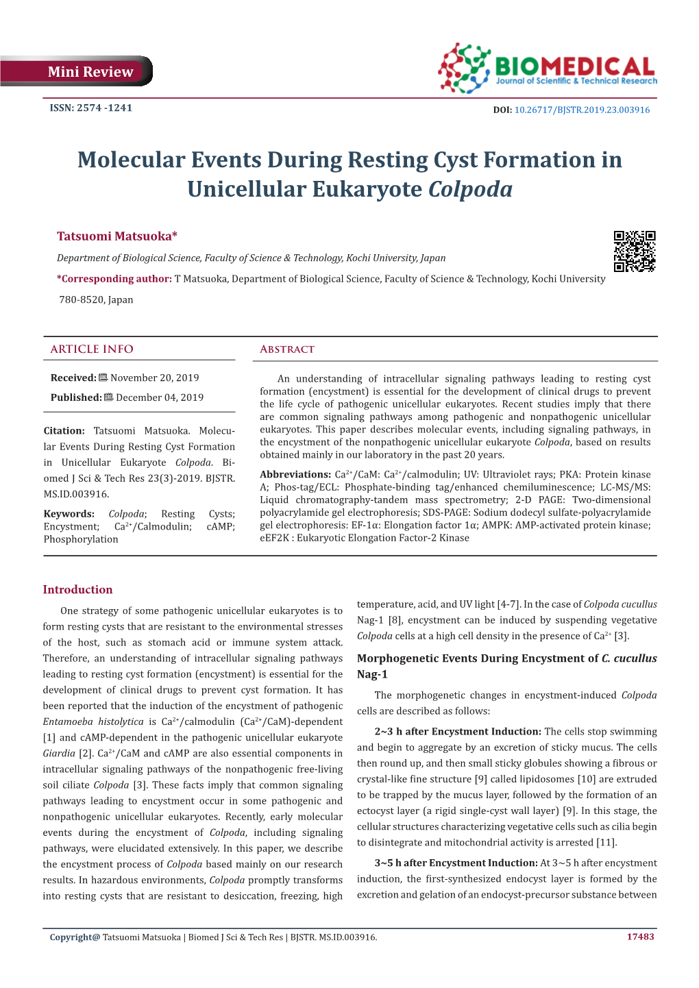 Molecular Events During Resting Cyst Formation in Unicellular Eukaryote Colpoda