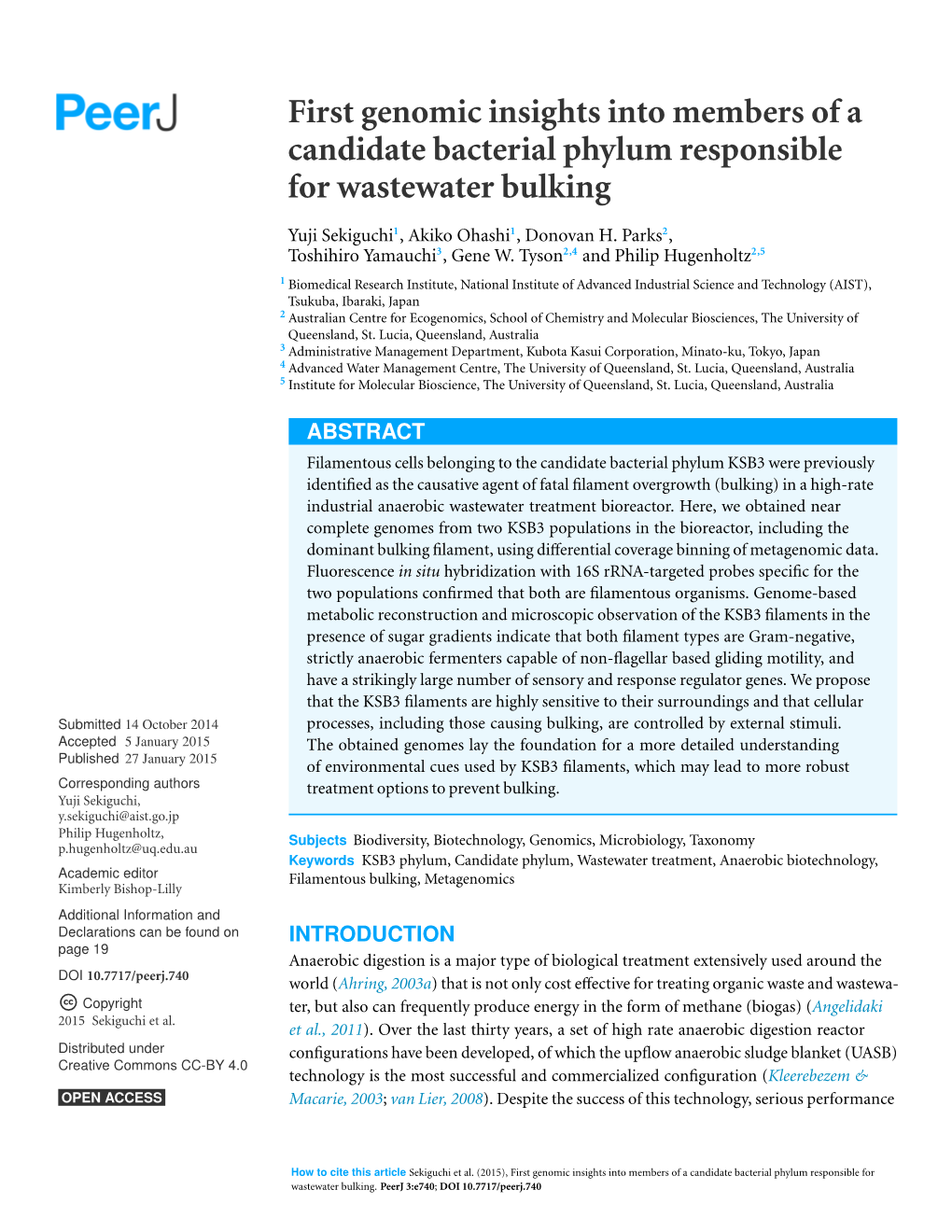 First Genomic Insights Into Members of a Candidate Bacterial Phylum Responsible for Wastewater Bulking