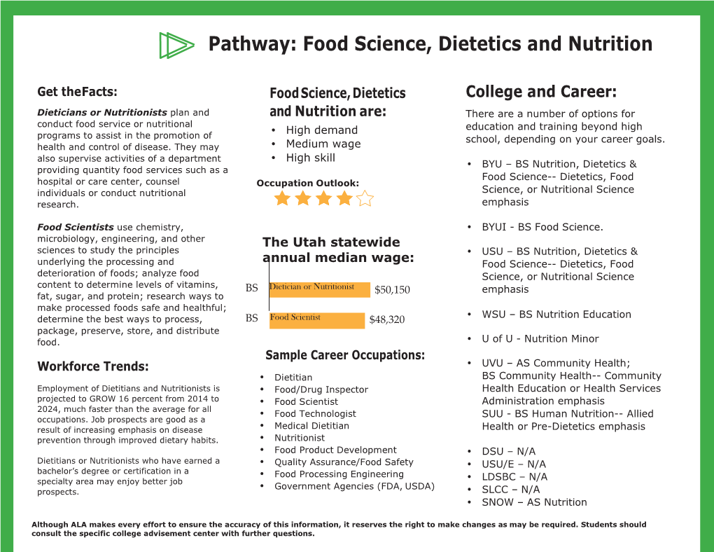 Pathway: Food Science, Dietetics and Nutrition