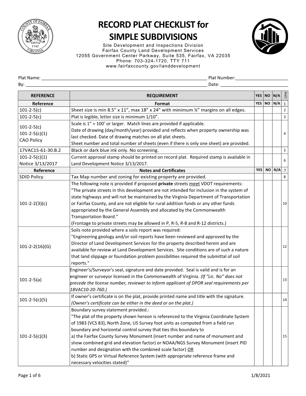 Record Plat Checklist for Simple Subdivisions