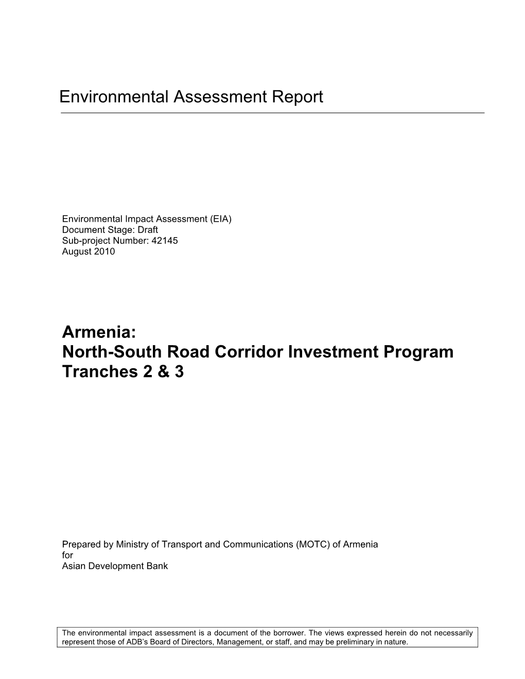 Environmental Assessment Report Armenia: North-South Road