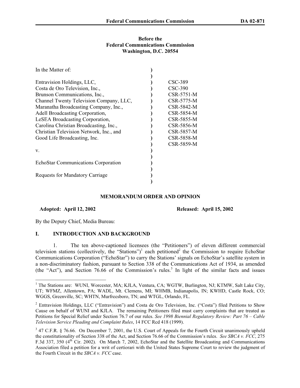 Federal Communications Commission DA 02-871 Before the Federal