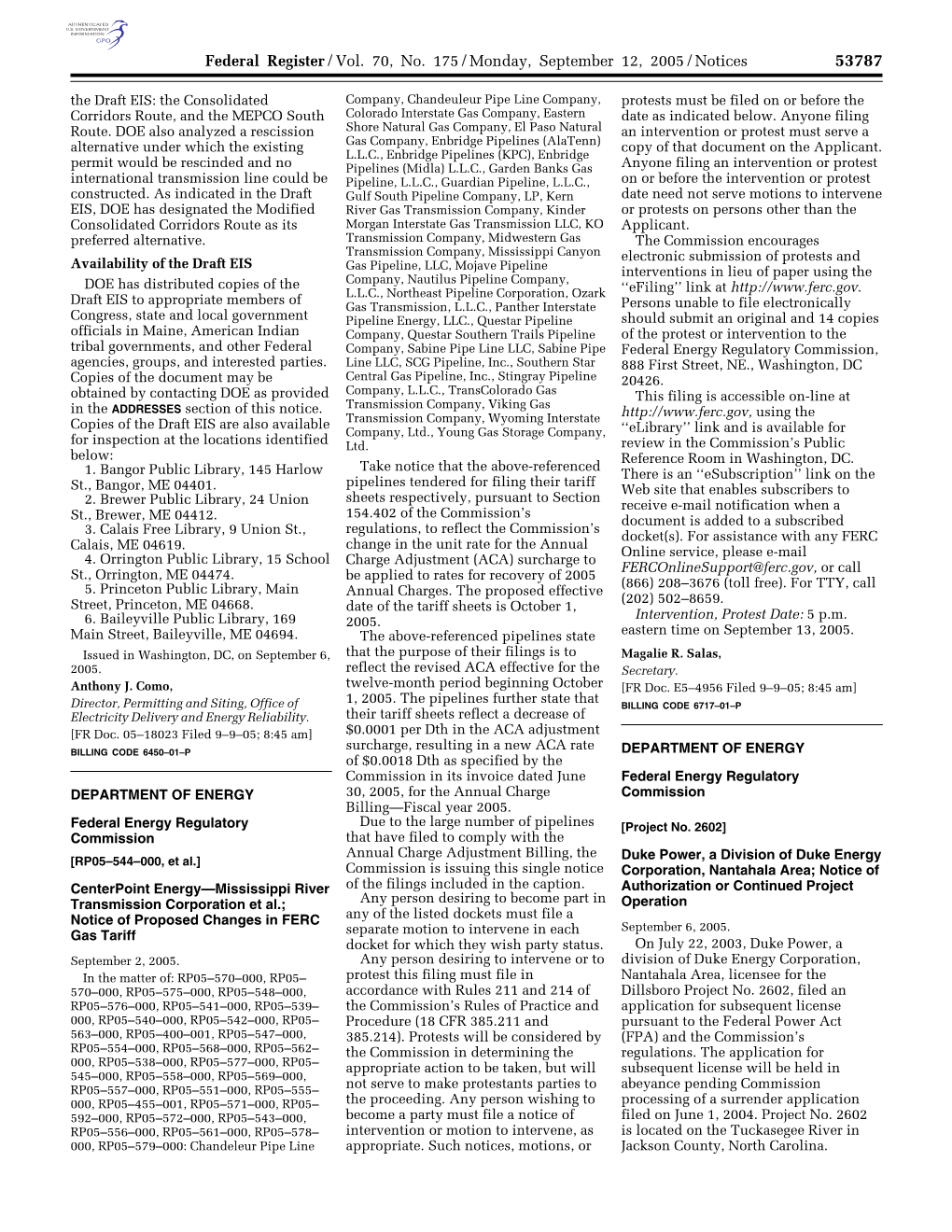 Federal Register/Vol. 70, No. 175/Monday, September 12, 2005