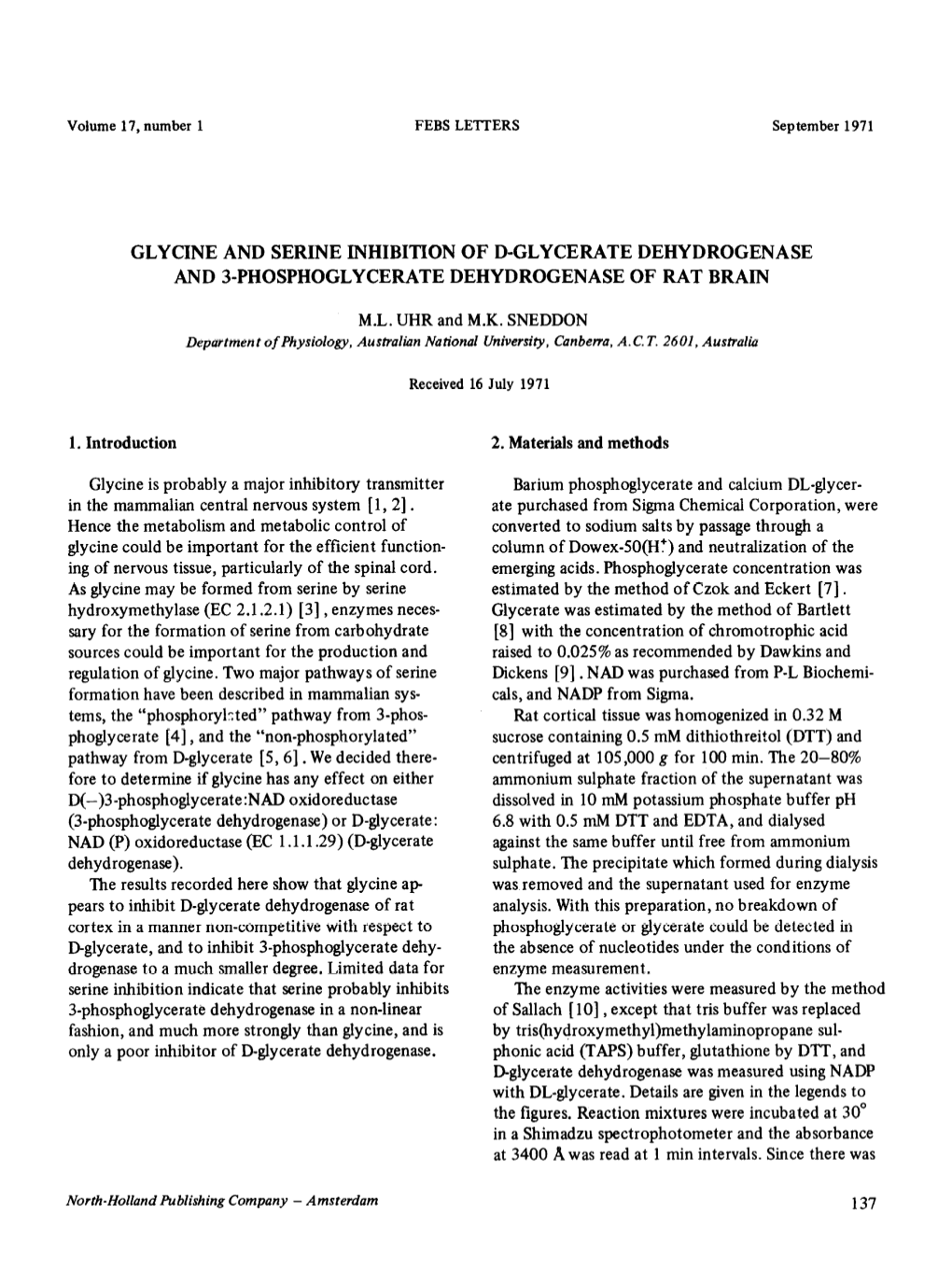 Glycine and Serine Inhibition of D-Glycerate Dehydrogenase and 3-Phosphoglycerate Dehydrogenase of Rat Brain