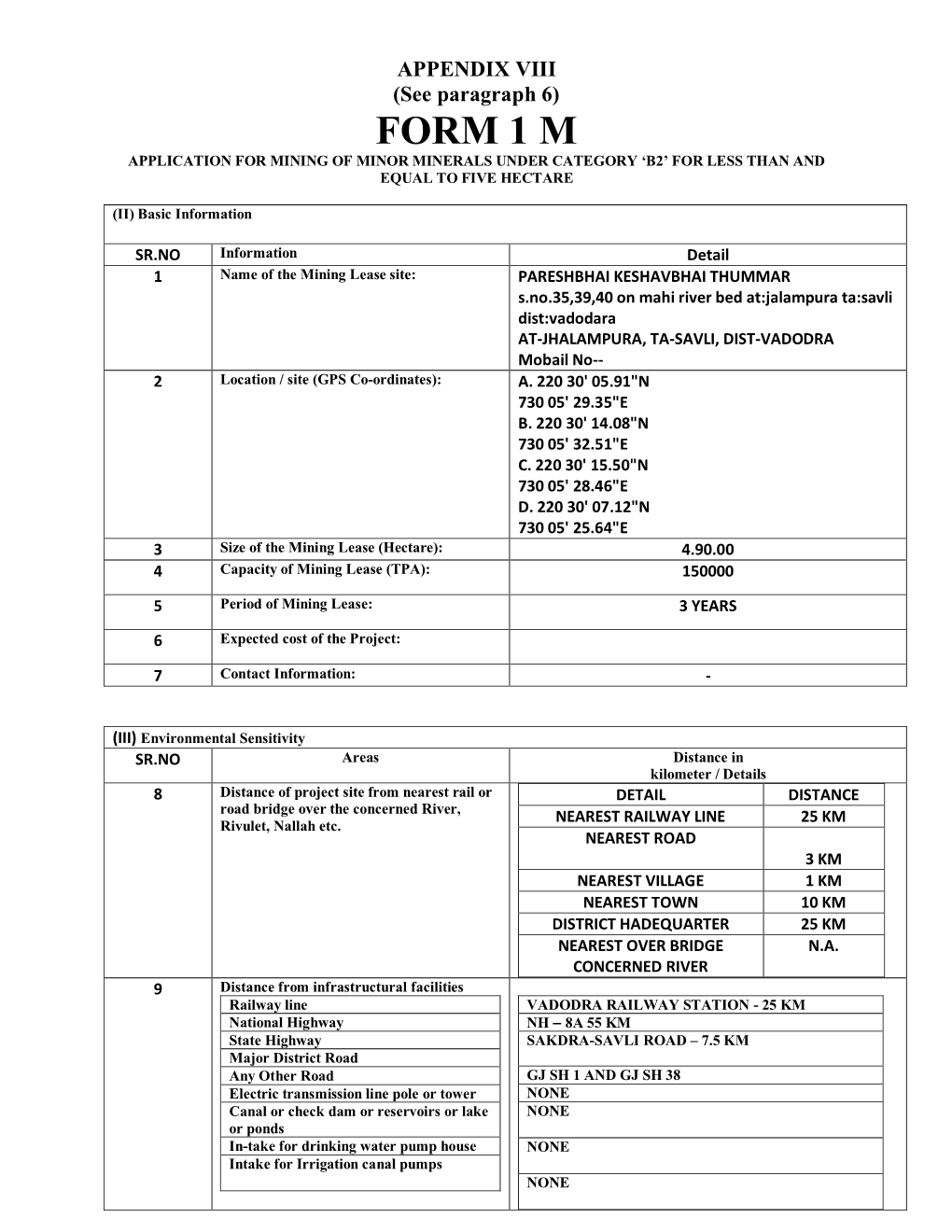 Form 1 M Application for Mining of Minor Minerals Under Category ‘B2’ for Less Than and Equal to Five Hectare