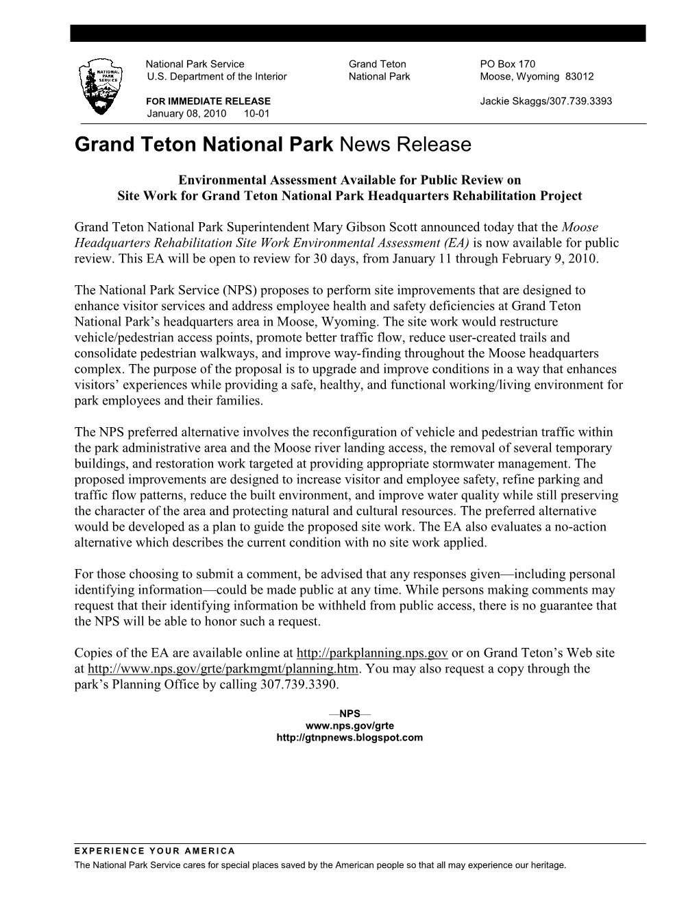 Grand Teton National Park News Release