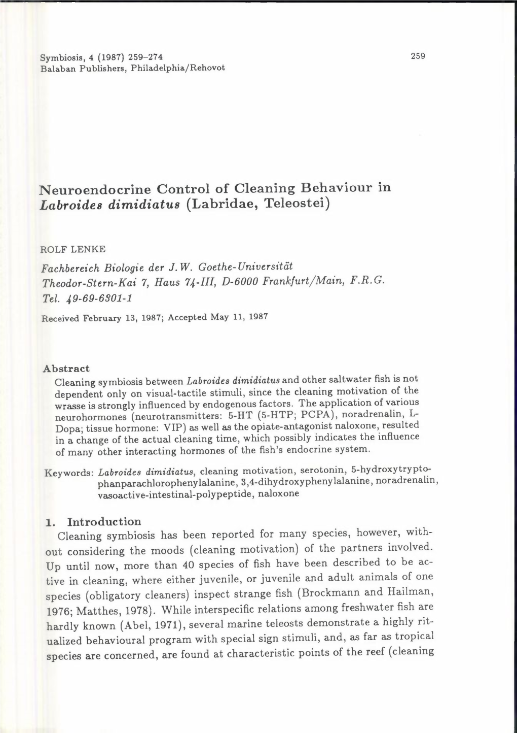 N Euroendocrine Control of Cleaning Behaviour in Labroides Dimidiatus (Labridae, Teleostei)